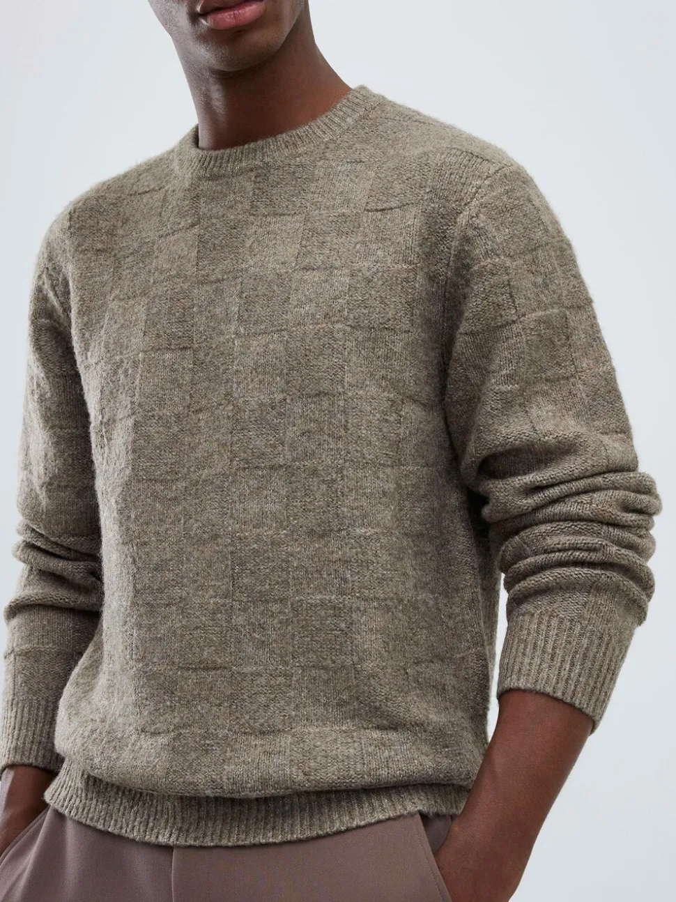 River Island Natural Slim Fit Knitted Check Crew Neck Jumper