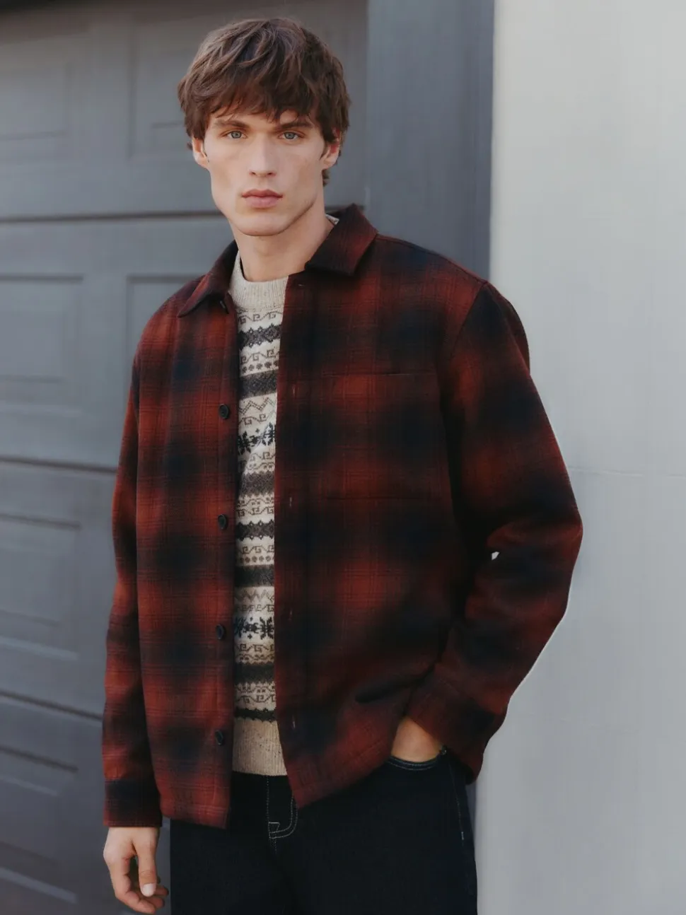 Rust Brown Borg Lined Check Shacket
