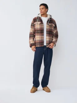 Rust Brown Borg Lined Hooded Check Shacket