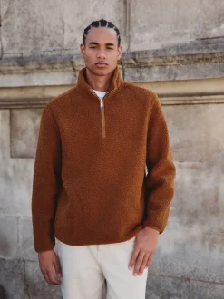 Rust Brown Borg Quarter Zip Neck Funnel Fleece