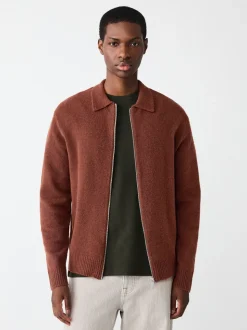 Rust Brown Plain Relaxed Fit Cosy Zip Through Collared Cardigan with Wool