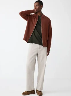 Rust Brown Plain Relaxed Fit Cosy Zip Through Collared Cardigan with Wool