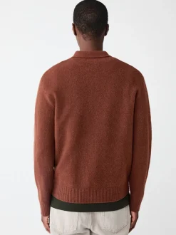 Rust Brown Plain Relaxed Fit Cosy Zip Through Collared Cardigan with Wool