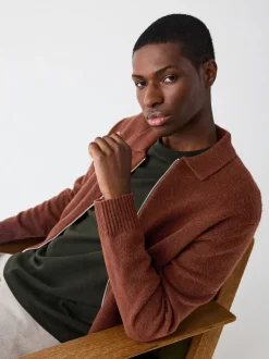 Rust Brown Plain Relaxed Fit Cosy Zip Through Collared Cardigan with Wool