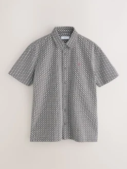 Rust Brown Printed Stretch Oxford Short Sleeve Shirt