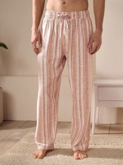 Rust Brown Striped Linen Blend Woven Pyjamas Bottoms