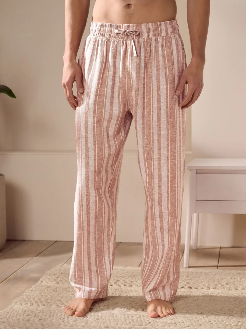 Rust Brown Striped Linen Blend Woven Pyjamas Bottoms