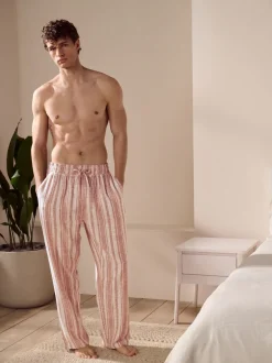 Rust Brown Striped Linen Blend Woven Pyjamas Bottoms