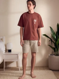 Rust Brown/Black Woven Embroidered T-Shirt Pyjamas Shorts Set