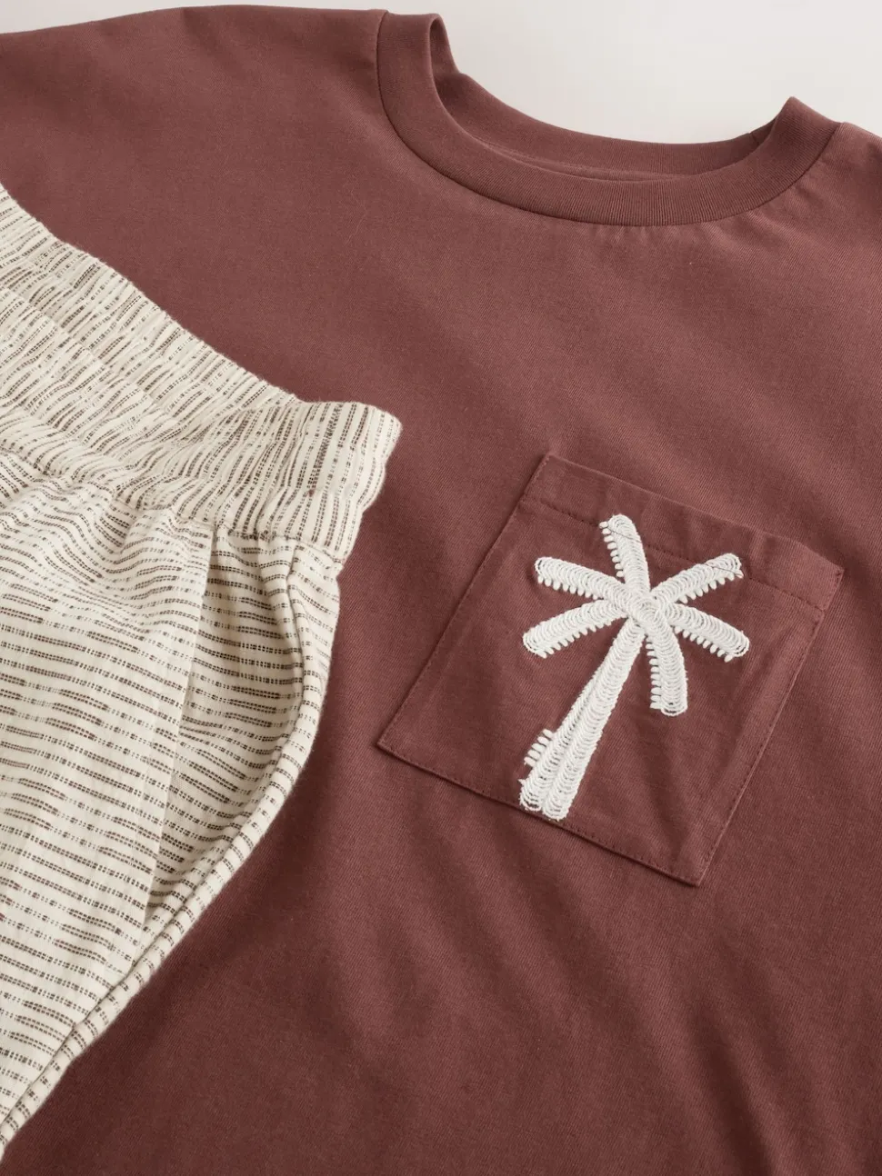 Rust Brown/Black Woven Embroidered T-Shirt Pyjamas Shorts Set