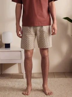 Rust Brown/Black Woven Embroidered T-Shirt Pyjamas Shorts Set