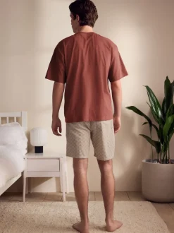 Rust Brown/Black Woven Embroidered T-Shirt Pyjamas Shorts Set