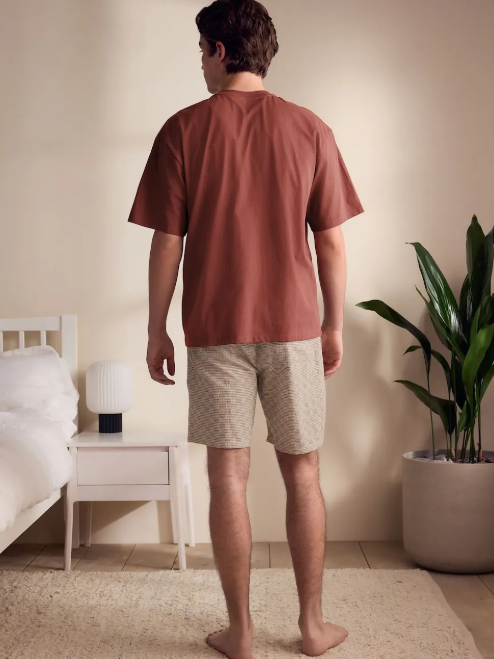 Rust Brown/Black Woven Embroidered T-Shirt Pyjamas Shorts Set