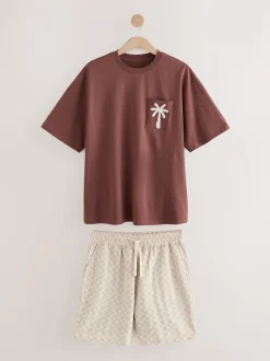 Rust Brown/Black Woven Embroidered T-Shirt Pyjamas Shorts Set