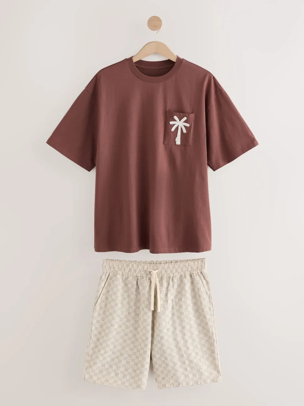 Rust Brown/Black Woven Embroidered T-Shirt Pyjamas Shorts Set