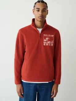 Rust Orange Hokusai Licence Graphic Polar Fleece Zip Through Funnel Fleece