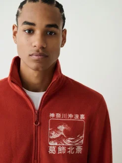 Rust Orange Hokusai Licence Graphic Polar Fleece Zip Through Funnel Fleece