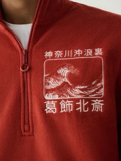Rust Orange Hokusai Licence Graphic Polar Fleece Zip Through Funnel Fleece