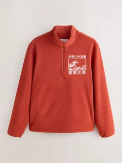 Rust Orange Hokusai Licence Graphic Polar Fleece Zip Through Funnel Fleece