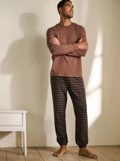 Rust Orange/Navy Blue Check Motionflex Cosy Long Sleeve Cuffed Pyjamas