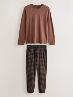 Rust Orange/Navy Blue Check Motionflex Cosy Long Sleeve Cuffed Pyjamas