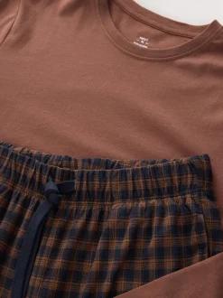 Rust Orange/Navy Blue Check Motionflex Cosy Long Sleeve Cuffed Pyjamas