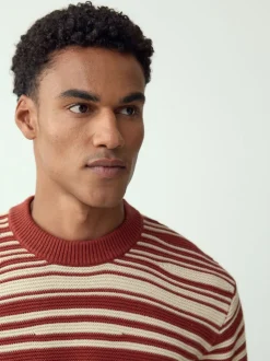 Rust Red Regular Fit Wave Stripe Design Crew Neck Jumper