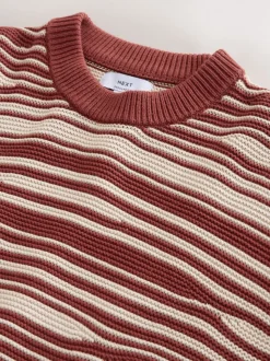 Rust Red Regular Fit Wave Stripe Design Crew Neck Jumper