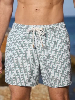 Sage Green Monogram Printed Swim Shorts