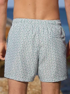 Sage Green Monogram Printed Swim Shorts