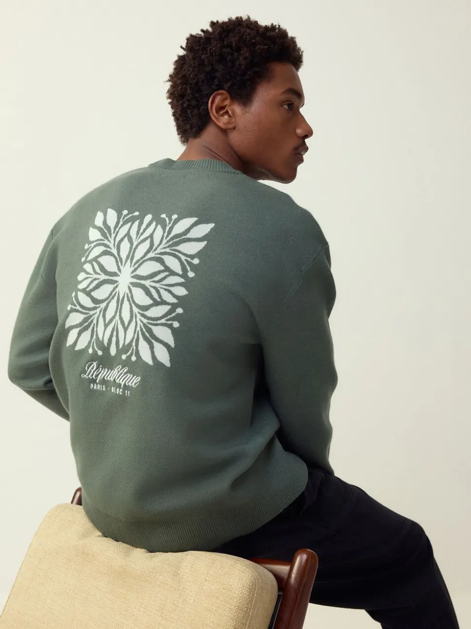 Sage Green N.Premium Relaxed Fit Mid Weight Floral Graphic Crew Neck Jumper