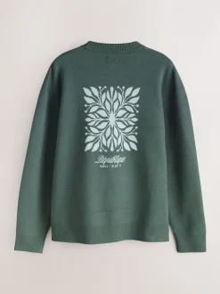 Sage Green N.Premium Relaxed Fit Mid Weight Floral Graphic Crew Neck Jumper