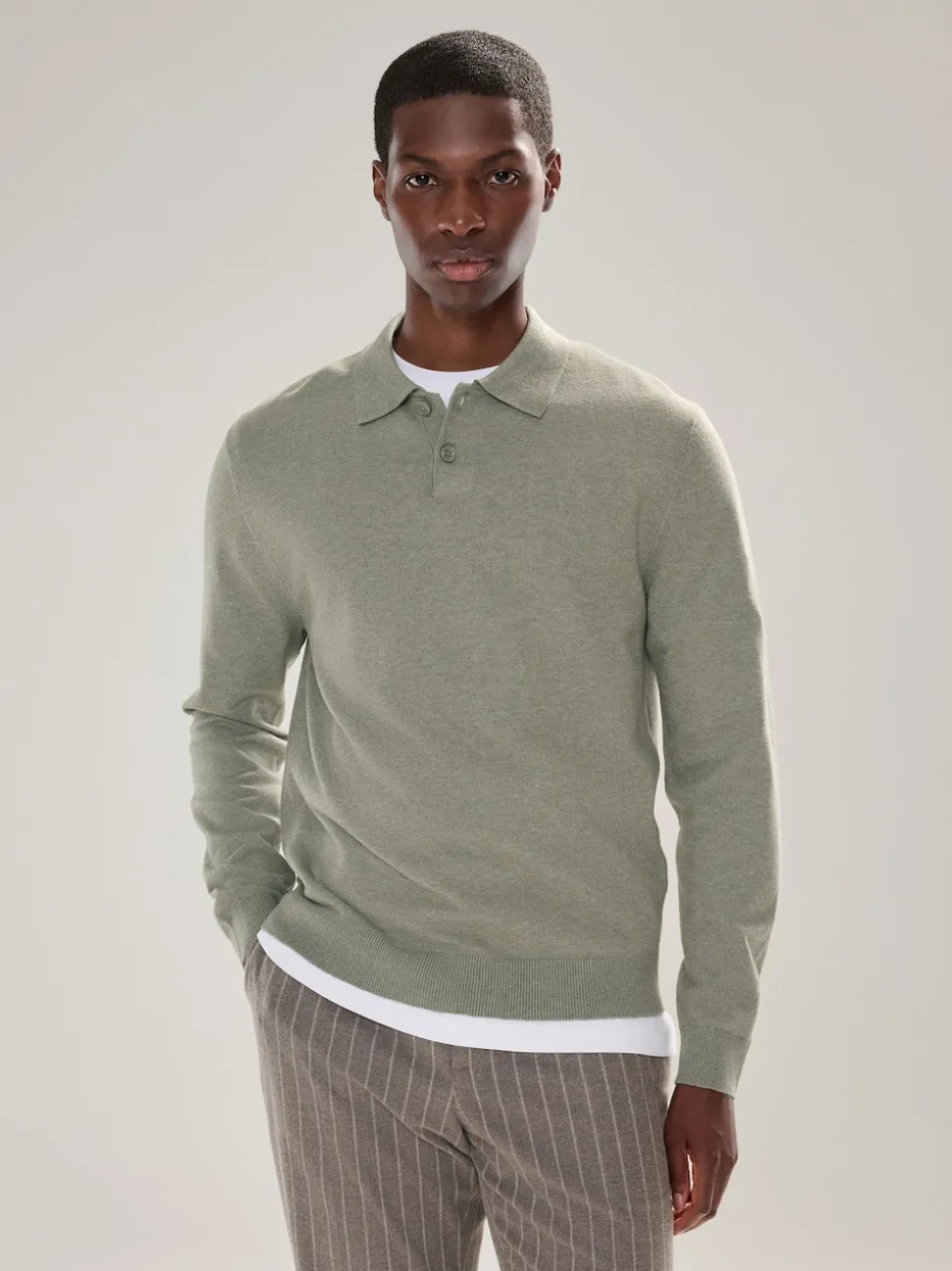 Sage Green Plain Regular Fit Essential Long Sleeve Knitted Polo Shirt