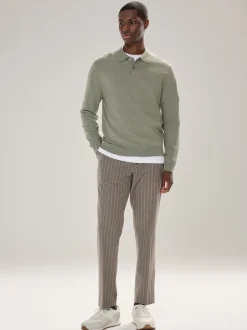 Sage Green Plain Regular Fit Essential Long Sleeve Knitted Polo Shirt