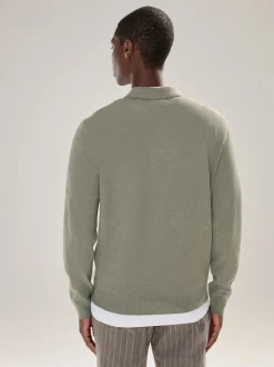 Sage Green Plain Regular Fit Essential Long Sleeve Knitted Polo Shirt