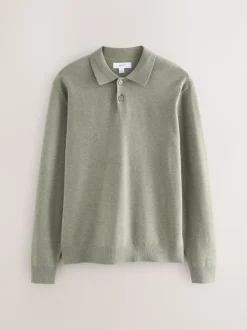 Sage Green Plain Regular Fit Essential Long Sleeve Knitted Polo Shirt