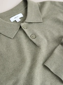 Sage Green Plain Regular Fit Essential Long Sleeve Knitted Polo Shirt
