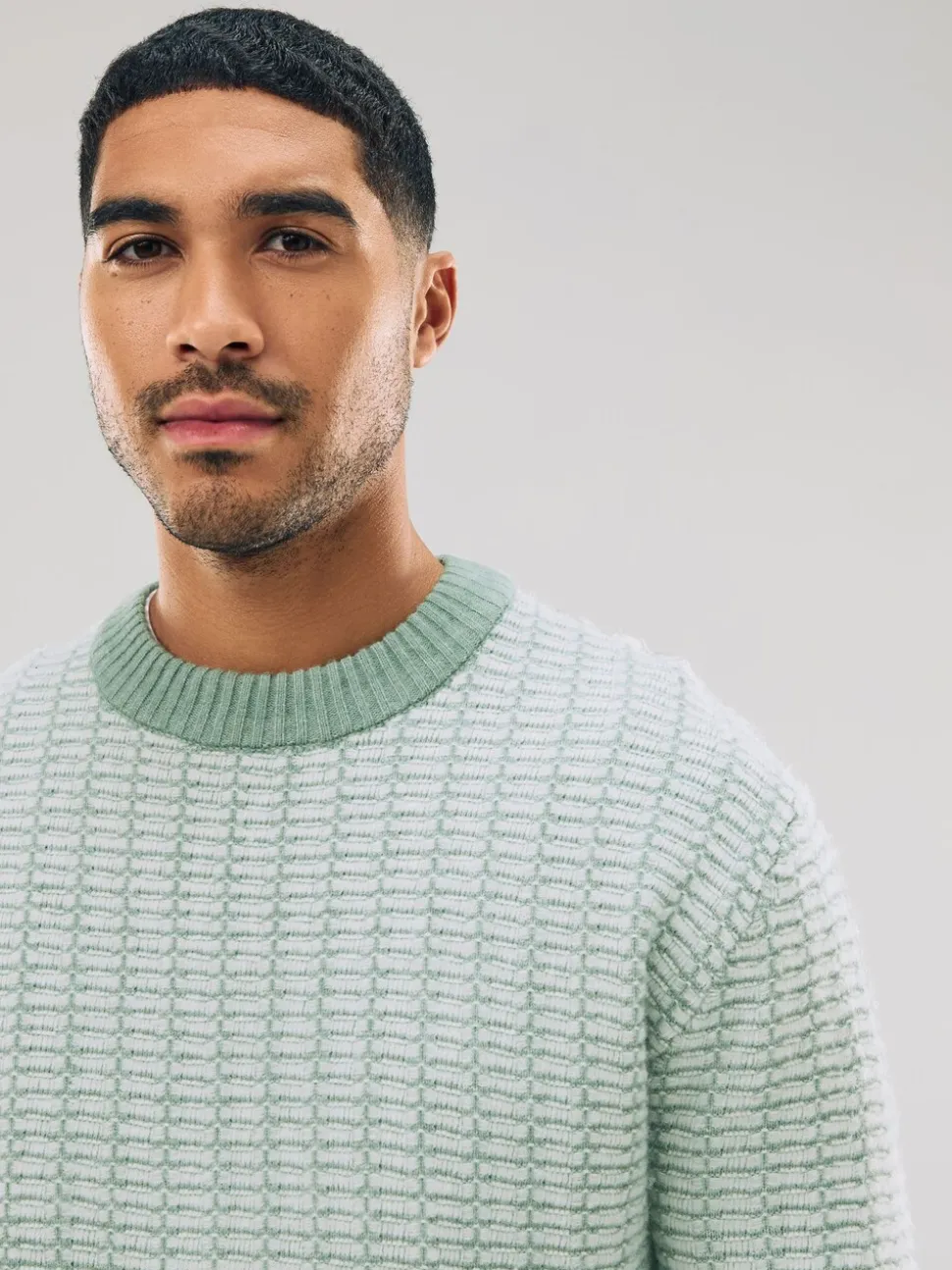 Sage Green Regular Fit Geometric Pattern Textured Crew Jumper with Wool