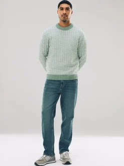 Sage Green Regular Fit Geometric Pattern Textured Crew Jumper with Wool