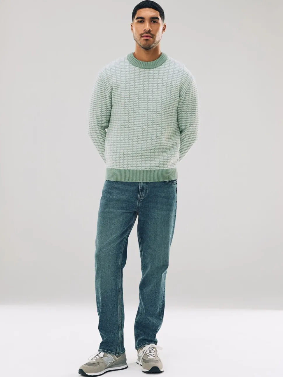 Sage Green Regular Fit Geometric Pattern Textured Crew Jumper with Wool