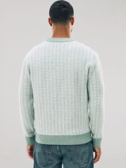 Sage Green Regular Fit Geometric Pattern Textured Crew Jumper with Wool