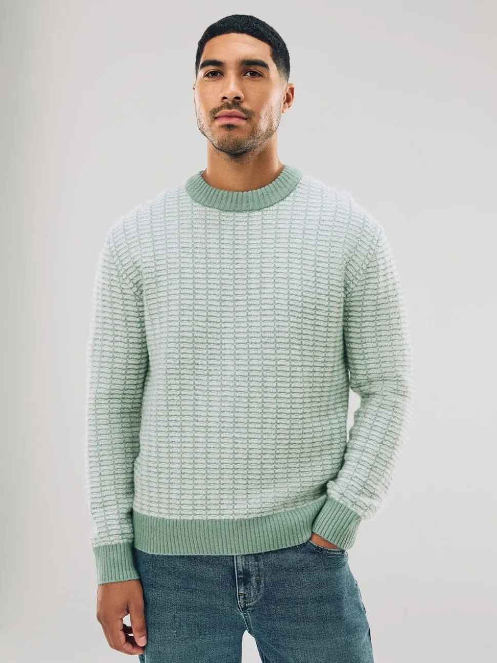 Sage Green Regular Fit Geometric Pattern Textured Crew Jumper with Wool