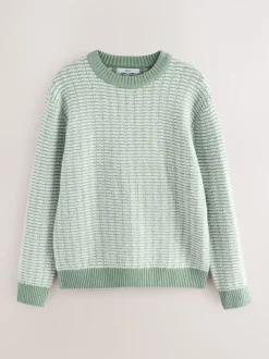 Sage Green Regular Fit Geometric Pattern Textured Crew Jumper with Wool