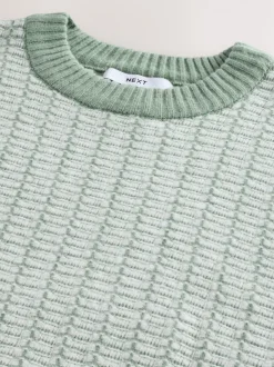 Sage Green Regular Fit Geometric Pattern Textured Crew Jumper with Wool