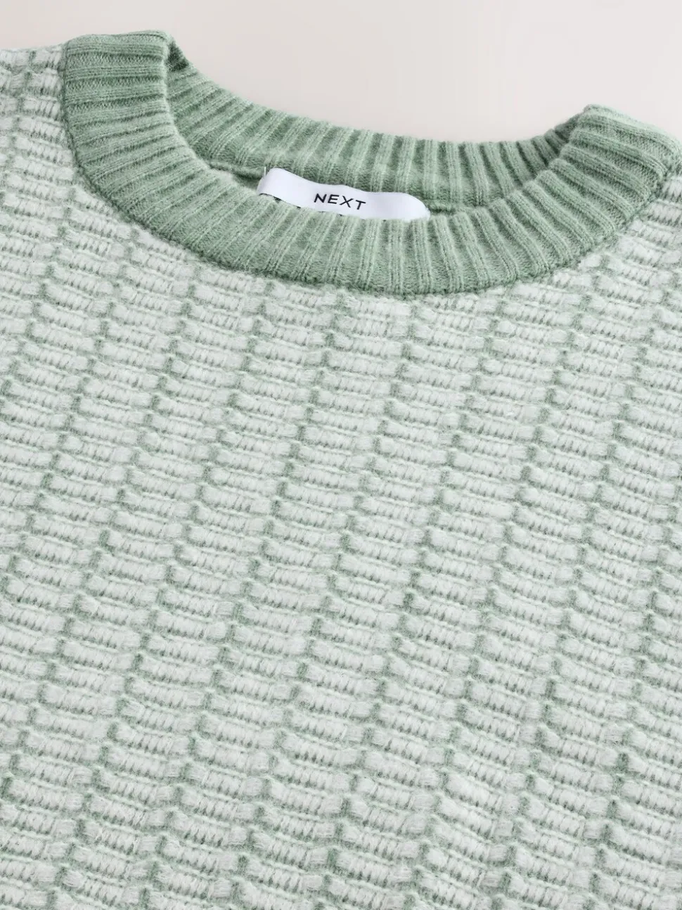 Sage Green Regular Fit Geometric Pattern Textured Crew Jumper with Wool
