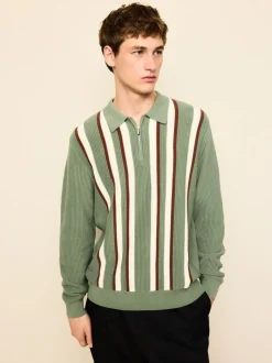 Sage Green Regular Fit Long Sleeve Stripe Zip Neck Knit Polo Shirt