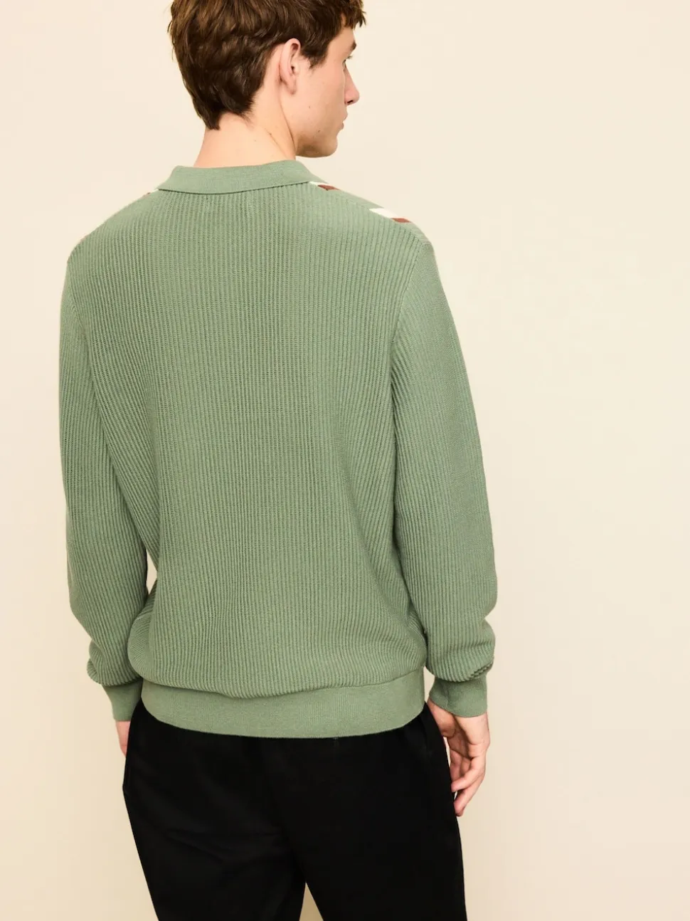 Sage Green Regular Fit Long Sleeve Stripe Zip Neck Knit Polo Shirt