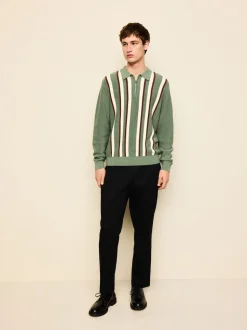 Sage Green Regular Fit Long Sleeve Stripe Zip Neck Knit Polo Shirt
