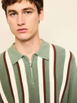 Sage Green Regular Fit Long Sleeve Stripe Zip Neck Knit Polo Shirt