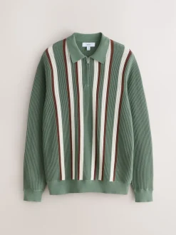 Sage Green Regular Fit Long Sleeve Stripe Zip Neck Knit Polo Shirt